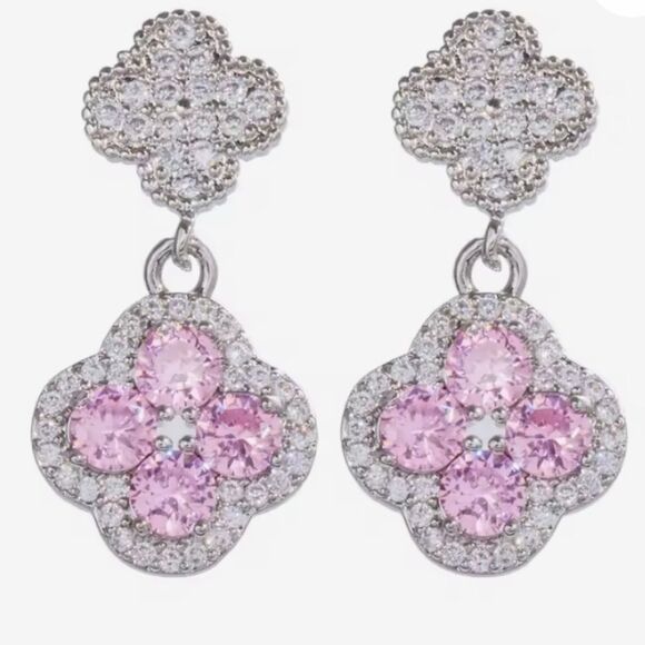 Pink Four-Leaf Clover Micro Pave Diamond Earrings - Picture 1 of 4